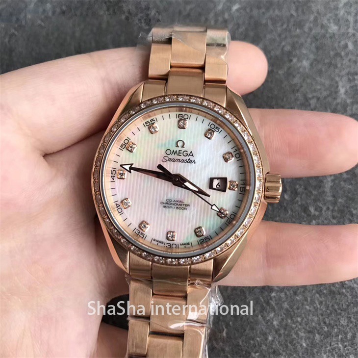 【V6厂】欧米茄海马系列150M女款全金贝母面钻圈一比一精仿手表.jpg