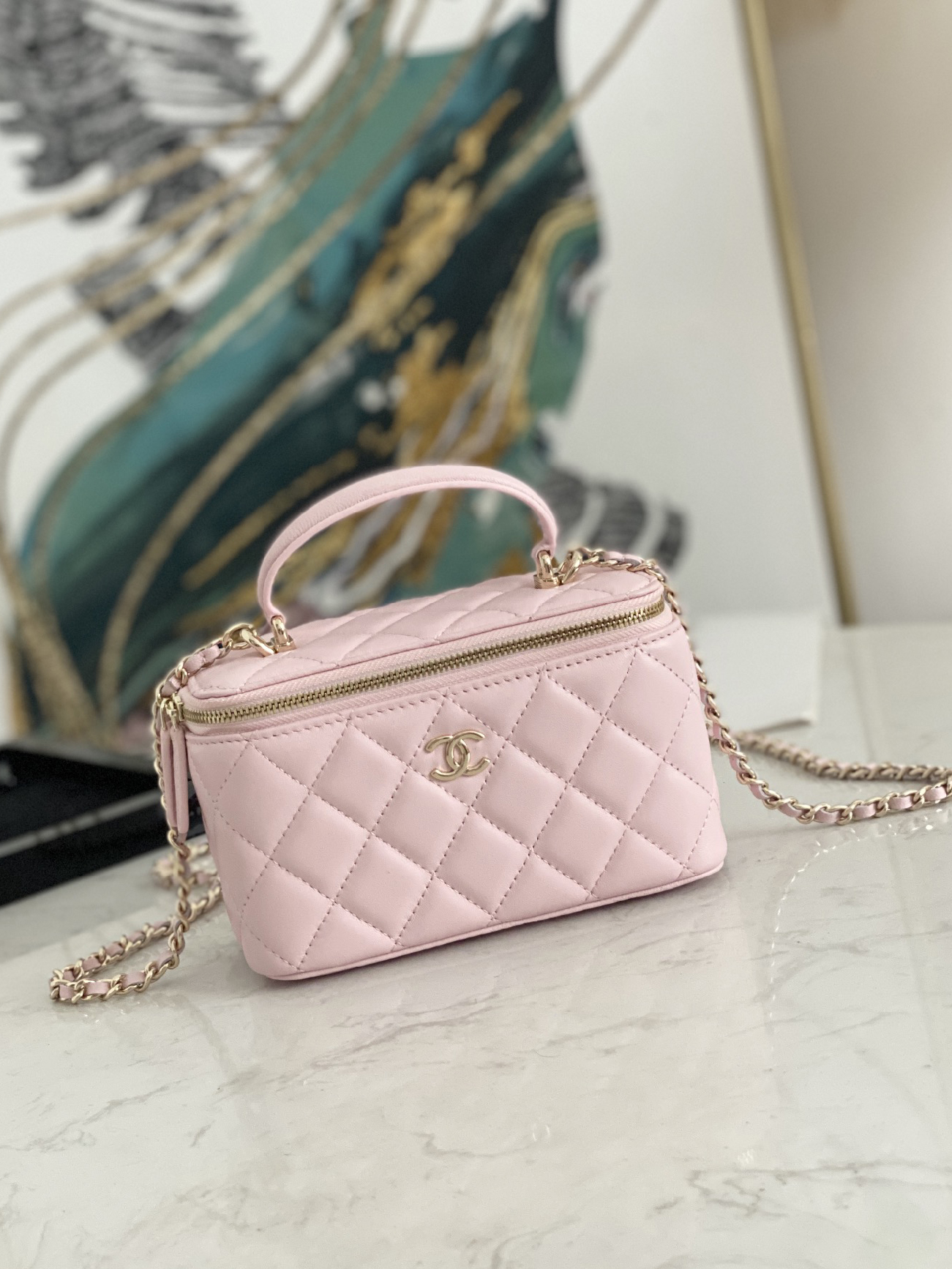 CHANEL-클래식 램스킨 퀄팅 탑핸들 직사각 베니티 체인백-313